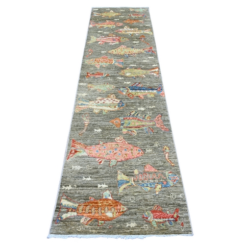 Stone Gray, Afghan Peshawar with Colorful Oceanic Fish Design, Hand Knotted, Soft and Velvety Wool, Runner, Oriental 