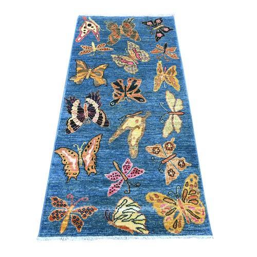 Imperial Blue, Hand Knotted, Afghan Peshawar with Colorful Butterfly Design, Soft and Shiny Wool, Runner, Oriental 