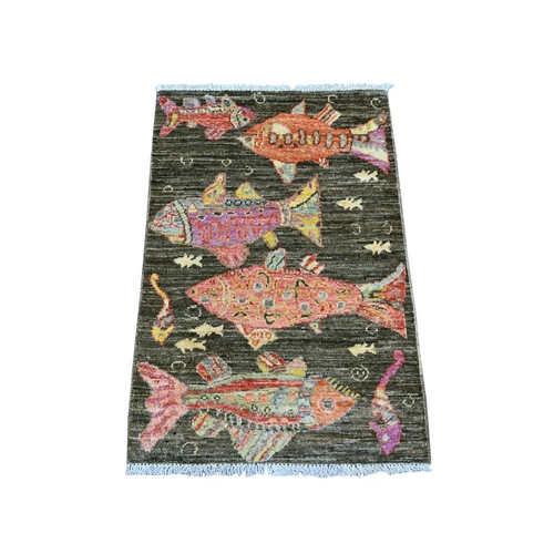Brown, Afghan Peshawar with Colorful Oceanic Fish Design, Soft and Velvety Wool, Hand Knotted, Mat, Sample, Oriental 