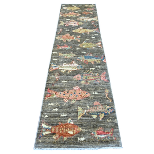 Brown, Soft and Velvety Wool, Afghan Peshawar with Colorful Oceanic Fish Design, Hand Knotted, Runner, Oriental 