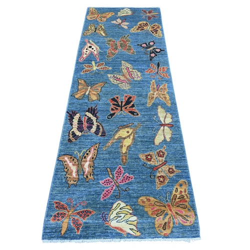 Imperial Blue, Afghan Peshawar with Colorful Butterfly Design, Soft and Shiny Wool, Hand Knotted, Runner, Oriental 