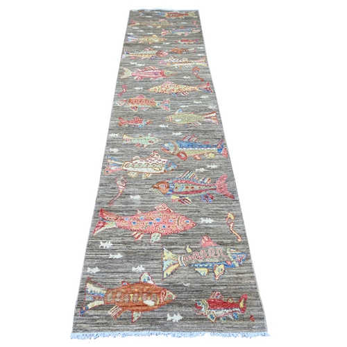 Stone Gray, Hand Knotted, Afghan Peshawar with Colorful Oceanic Fish Design, Soft and Velvety Wool, Runner, Oriental 