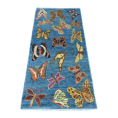 Imperial Blue, Hand Knotted, Afghan Peshawar with Colorful Butterfly Design, Soft and Shiny Wool, Runner, Oriental 