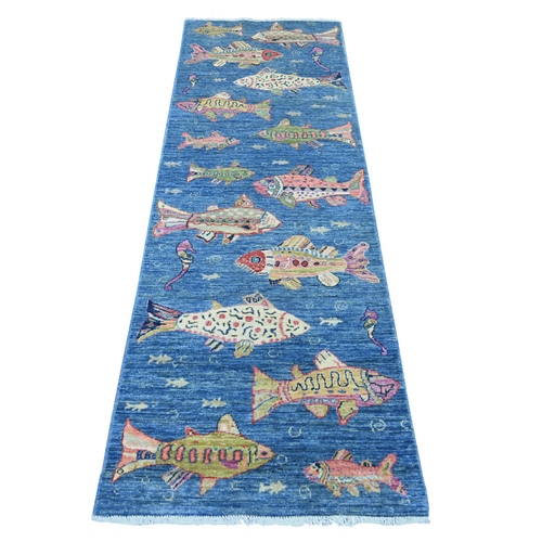 Bayern Blue, Afghan Peshawar with Colorful Oceanic Fish Design, Soft and Shiny Wool, Hand Knotted, Runner, Oriental 