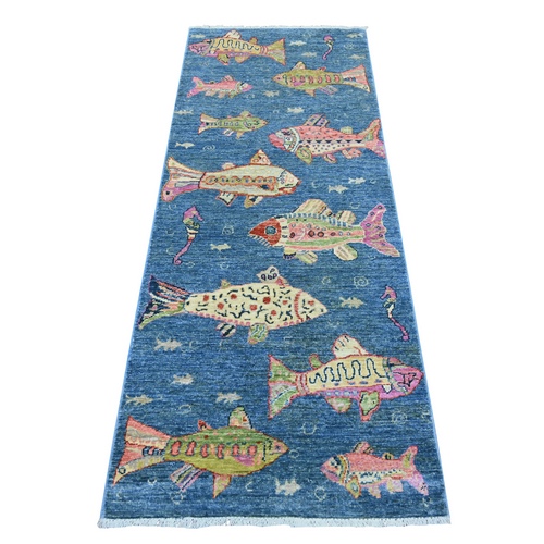 Bayern Blue, Afghan Peshawar with Colorful Oceanic Fish Design, Soft and Shiny Wool, Hand Knotted, Runner, Oriental 