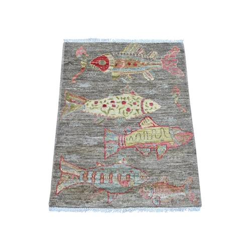 Stone Gray, Afghan Peshawar with Colorful Oceanic Fish Design, Soft and Velvety Wool, Hand Knotted, Mat, Sample, Oriental 