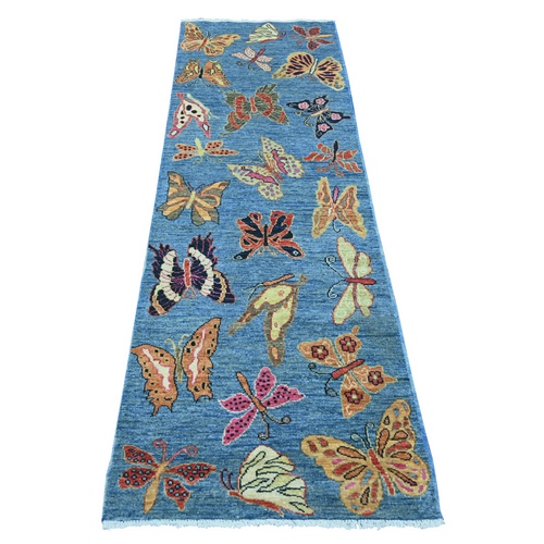 Imperial Blue, Hand Knotted, Afghan Peshawar with Colorful Butterfly Design, Soft and Shiny Wool, Runner, Oriental 