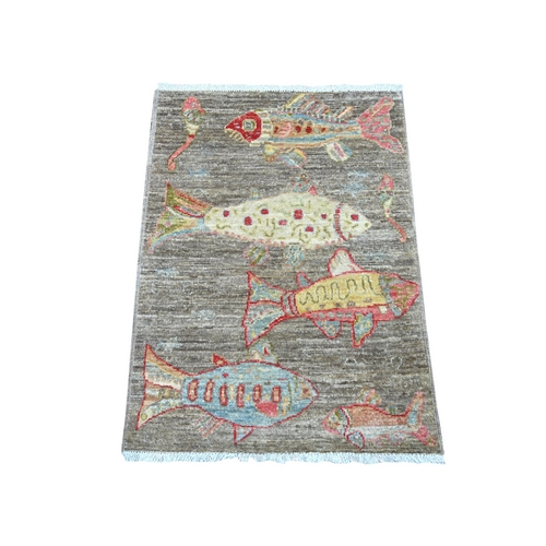 Brown, Afghan Peshawar with Colorful Oceanic Fish Design, Hand Knotted, Soft and Velvety Wool, Mat, Sample, Oriental Rug