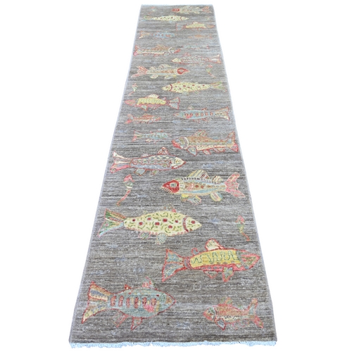Brown, Afghan Peshawar with Colorful Oceanic Fish Design, Soft and Velvety Wool, Hand Knotted, Runner, Oriental 
