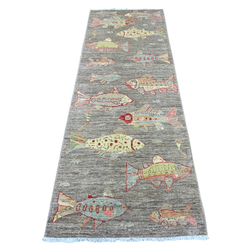 Brown, Afghan Peshawar with Colorful Oceanic Fish Design, Soft and Velvety Wool, Hand Knotted, Runner, Oriental Rug