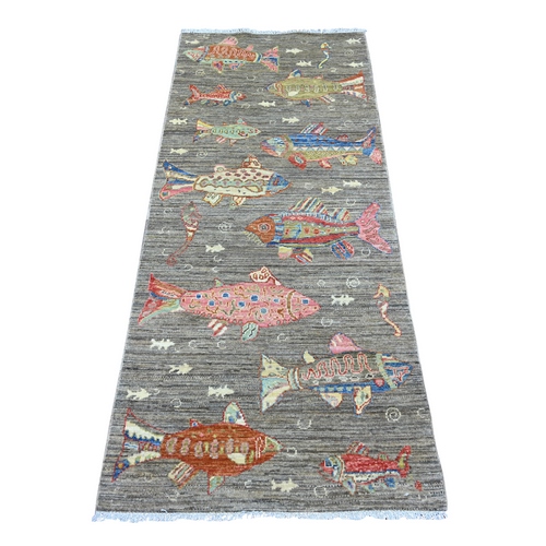 Brown, Afghan Peshawar with Colorful Oceanic Fish Design, Soft and Velvety Wool, Hand Knotted, Runner, Oriental 