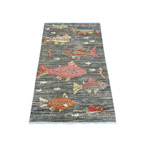 Brown, Hand Knotted, Afghan Peshawar with Colorful Oceanic Fish Design, Soft and Velvety Wool, Oriental Rug