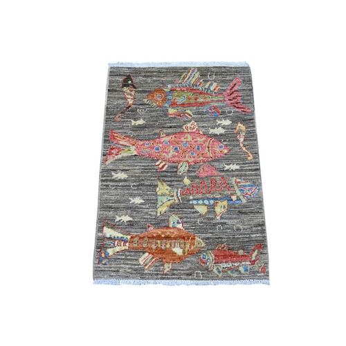 Brown, Afghan Peshawar with Colorful Oceanic Fish Design, Soft and Velvety Wool, Hand Knotted, Mat, Sample, Oriental Rug