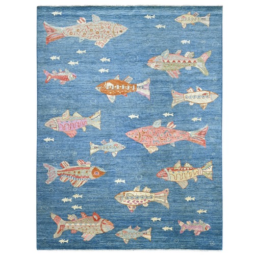 Imperial Blue, Afghan Peshawar with Colorful Oceanic Fish Design, Soft and Shiny Wool, Hand Knotted, Oriental 