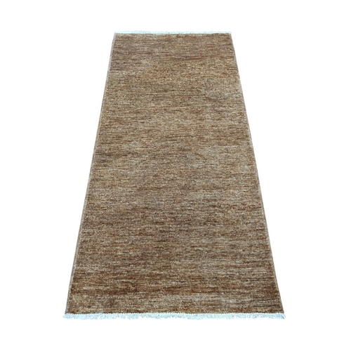 Coffee Brown, Plain Solid Pattern, Hand Knotted, Hand Spun Ghazni Wool, Lush and Plush, Short Runner, Oriental 