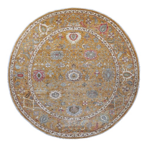 Golden Brown, Peshawar with Ziegler Mahal Design, High Mountain Wool, Denser Weave, Hand Knotted, Round, Oriental 