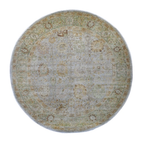 Misty Gray, Peshawar with Ziegler Mahal Design, High Mountain Wool, Denser Weave, Hand Knotted, Round, Oriental 