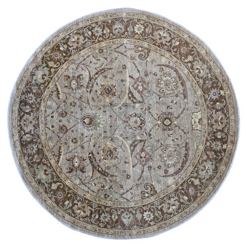 Fossil Gray, Peshawar with Heriz All Over Design, High Mountain Wool, Densely Woven, Hand Knotted, Round, Oriental 
