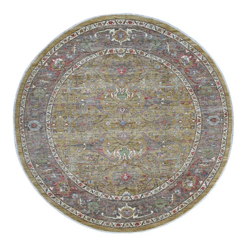 Olive Green, Peshawar with Bijar Garus Design, High Mountain Wool, Densely Woven, Hand Knotted, Round, Oriental 