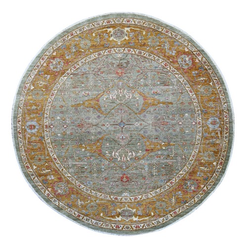 Sage Green, Peshawar with Bijar Garus Design, High Mountain Wool, Densely Woven, Hand Knotted, Round, Oriental 