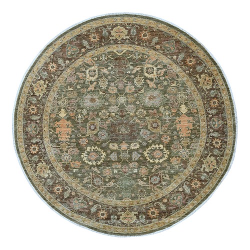 Basil Green, Peshawar with Ziegler Mahal Design, Hand Knotted, High Mountain Wool, Denser Weave, Round, Oriental 
