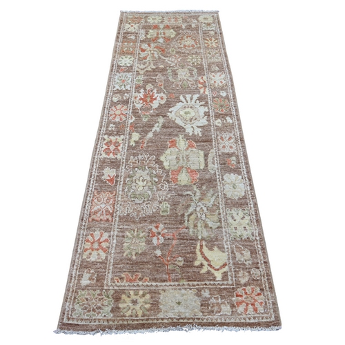 Caramel Brown, Vegetable Dyes, Afghan Angora Oushak with All Over Leaf Design, Hand Knotted, 100% Wool, Runner, Oriental 