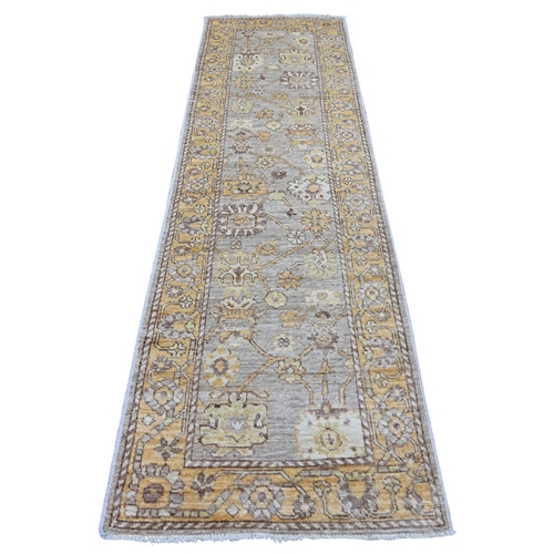 Dove Gray, Hand Knotted, Afghan Angora Oushak with All Over Leaf Design, 100% Wool, Vegetable Dyes, Runner, Oriental 