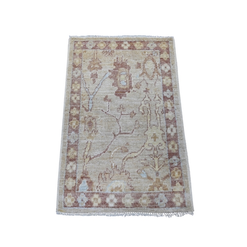Light Brown, Hand Knotted, 100% Wool, Afghan Angora Oushak with All Over Leaf Design, Densely Woven, Mat, Sample, Oriental 