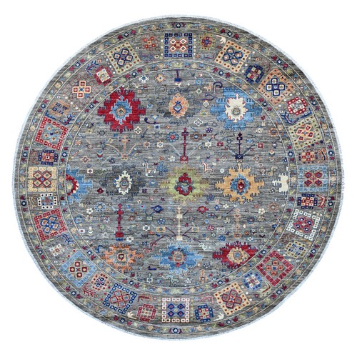 Dim Gray, Peshawar with Ziegler Mahal Design, Hand Knotted, High Mountain Wool, Denser Weave, Round, Oriental 