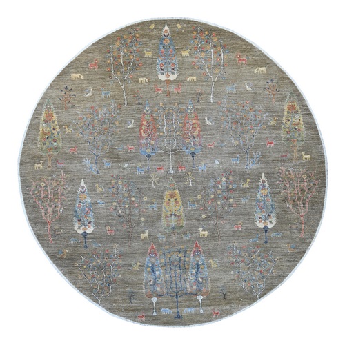 Stone Gray, Peshawar with Cypress Tree Design, Hand Knotted, High Mountain Wool, Denser Weave, Round, Oriental 