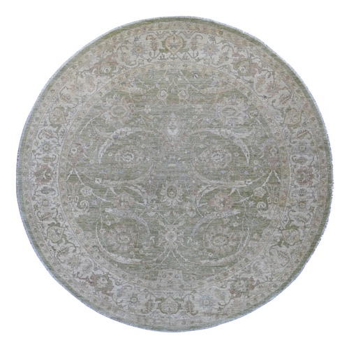 Sage Green, Peshawar with Heriz All Over Design, High Mountain Wool, Densely Woven, Hand Knotted, Round, Oriental 