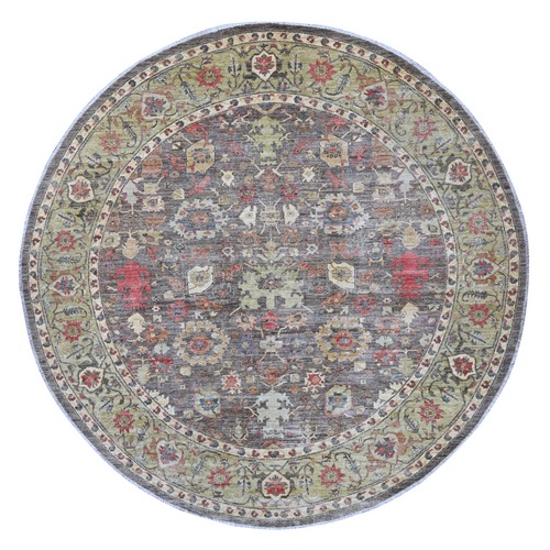 Dim Gray, Peshawar with Ziegler Mahal Design, Hand Knotted, High Mountain Wool, Denser Weave, Round, Oriental 