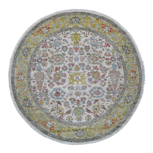 Pearl White, Peshawar with Ziegler Mahal Design, Hand Knotted, High Mountain Wool, Denser Weave, Round, Oriental 