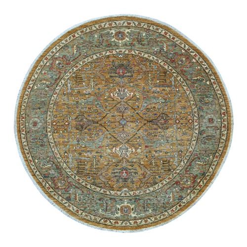Golden Brown, Peshawar with Bijar Garus Design, High Mountain Wool, Densely Woven, Hand Knotted, Round, Oriental 