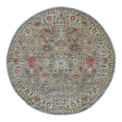 Stone Gray, Peshawar with Ziegler Mahal Design, Hand Knotted, High Mountain Wool, Denser Weave, Round, Oriental 