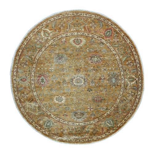 Golden Brown, Hand Knotted, Peshawar with Ziegler Mahal Design, High Mountain Wool, Denser Weave, Round, Oriental 