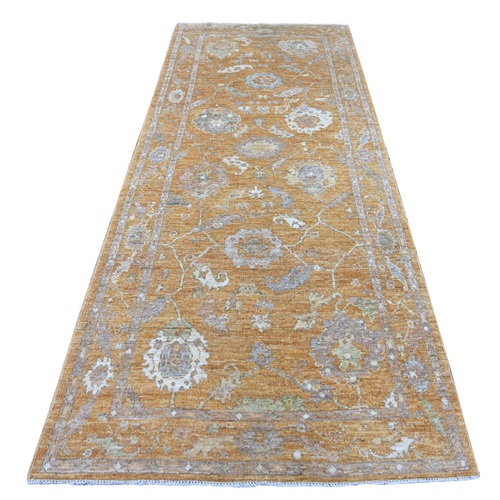 Golden Brown, Hand Knotted, 100% Wool, Afghan Angora Oushak with All Over Leaf Design, Natural Dyes, Densely Woven, Wide Runner, Oriental 