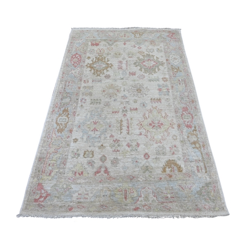 Alabaster White, Vegetable Dyes, Afghan Angora Oushak with All Over Leaf Design, Densely Woven, Hand Knotted, 100% Wool, Oriental 