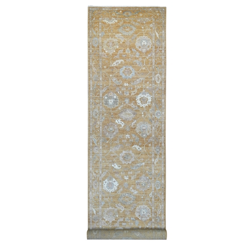 Golden Brown, Hand Knotted, 100% Wool, Afghan Angora Oushak with All Over Leaf Design, Vegetable Dyes, Densely Woven, Wide and Long Runner, Oriental 