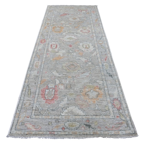 Spanish Gray, Densely Woven, Natural Dyes, 100% Wool, Afghan Angora Oushak with All Over Leaf Design, Hand Knotted, Wide Runner, Oriental 