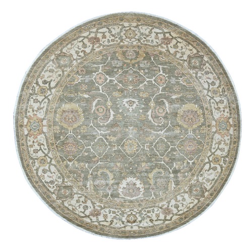 Sage Green, Peshawar with Ziegler Mahal Design, Hand Knotted, High Mountain Wool, Denser Weave, Round, Oriental 