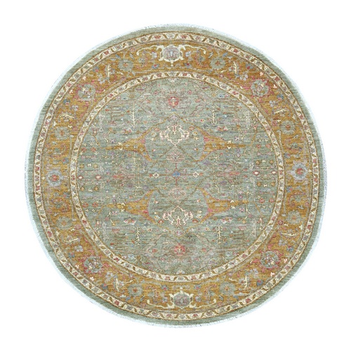 Sage Green, Peshawar with Bijar Garus Design, High Mountain Wool, Densely Woven, Hand Knotted, Round, Oriental 