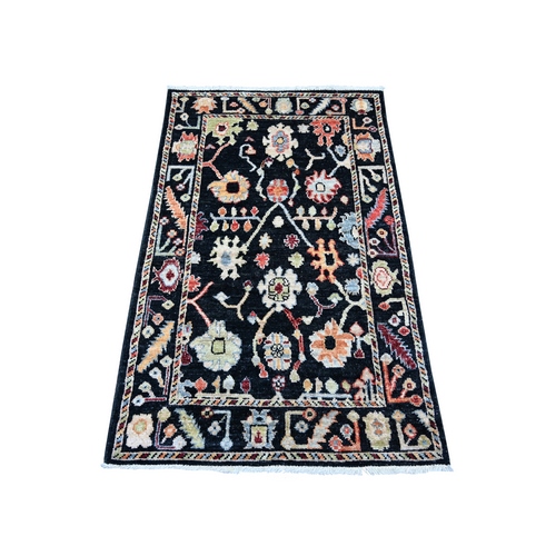 Jade Black, Afghan Angora Oushak with Colorful Leaf Design, Hand Knotted, Vegetable Dyes, 100% Wool, Oriental 