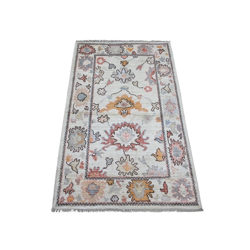 Daisy White, Natural Dyes, 100% Wool, Afghan Angora Oushak with Colorful Leaf Design, Hand Knotted, Oriental 
