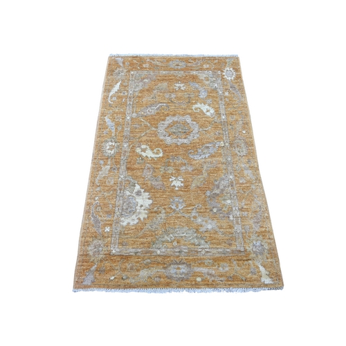 Golden Brown, Hand Knotted, Afghan Angora Oushak with All Over Leaf Design, 100% Wool, Vegetable Dyes, Oriental 