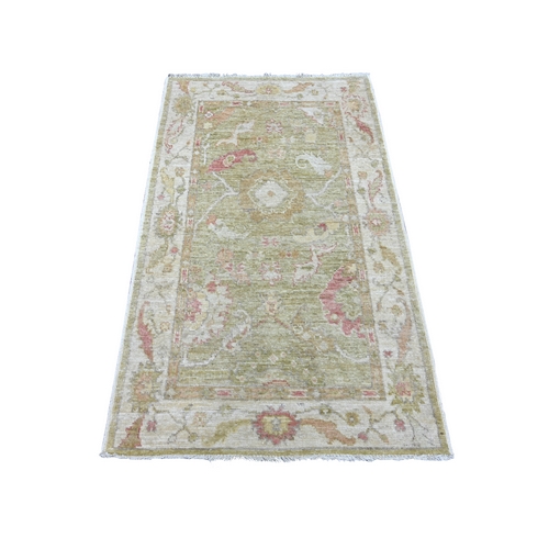 Olive Green, Afghan Angora Oushak with Floral Design, Vegetable Dyes, 100% Wool, Hand Knotted, Oriental 