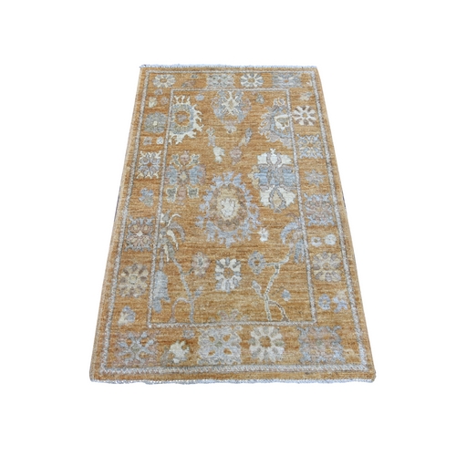 Golden Brown, Hand Knotted, 100% Wool, Afghan Angora Oushak with All Over Leaf Design, Densely Woven, Natural Dyes, Oriental 