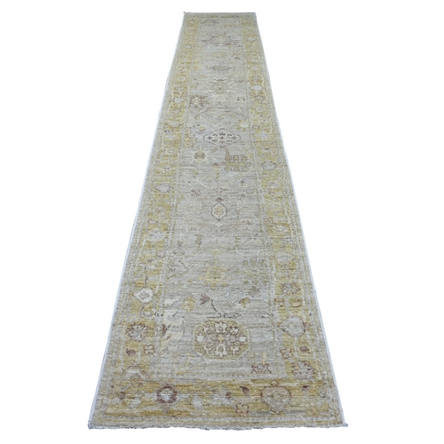 Oyster Gray, 100% Wool, Natural Dyes, Afghan Angora Oushak with All Over Leaf Design, Hand Knotted, XL Runner, Oriental 