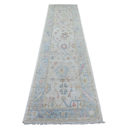 Silver Gray, Hand Knotted, Afghan Angora Oushak with All Over Leaf Design, Vegetable Dyes, 100% Wool, Runner, Oriental 