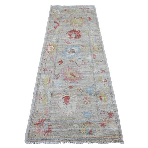Oyster Gray, 100% Wool, Natural Dyes, Hand Knotted, Afghan Angora Oushak with Colorful Leaf Design, Runner, Oriental 